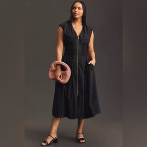 Anthropologie The Tommie Cap-Sleeve Smocked Front-Zip Shirt Dress